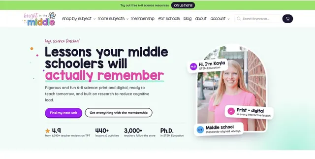 The Bright in the Middle website, a middle-school science resource store