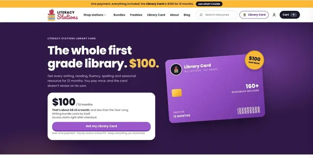 The Literacy Stations Library Card page: every first grade resource for twelve months, one payment