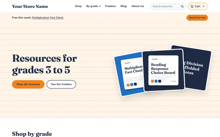 The home page of a starter store in the 3 to 5 look: orange and blue on lined paper with a bold serif headline