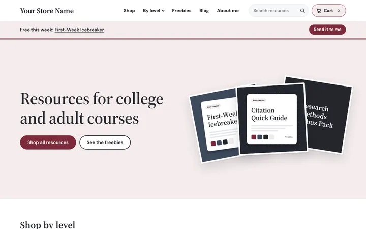 The home page of a starter store in the College look: maroon and slate with a plain serif headline, sorted by level
