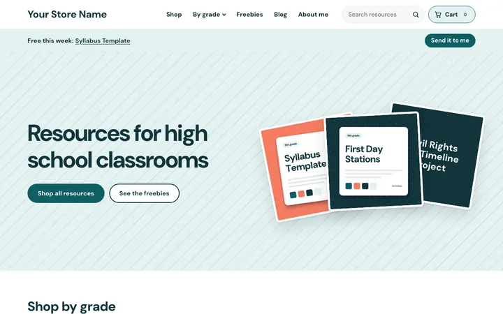 The home page of a starter store in the High school look: deep green and coral with diagonal stripes