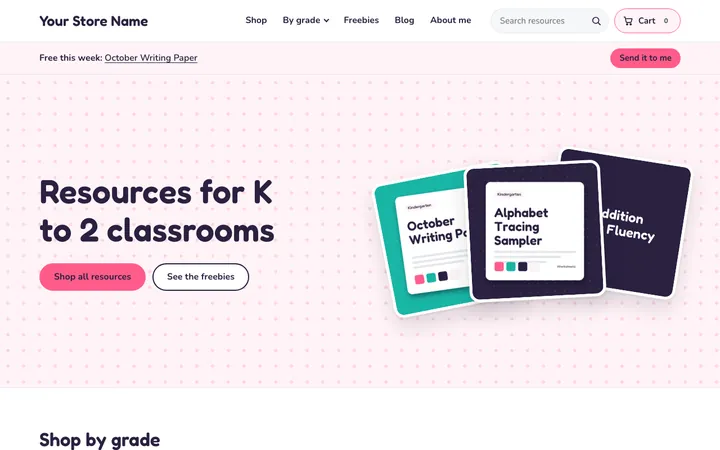 The home page of a starter store in the K to 2 look: pink with a dotted background and round letters