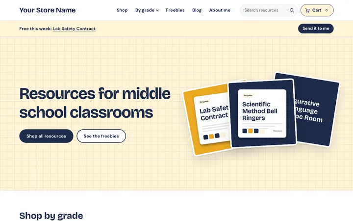 The home page of a starter store in the Middle school look: gold and navy on graph paper