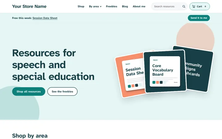 The home page of a starter store in the Speech and special ed look: soft teal and peach with rounded shapes, sorted by area