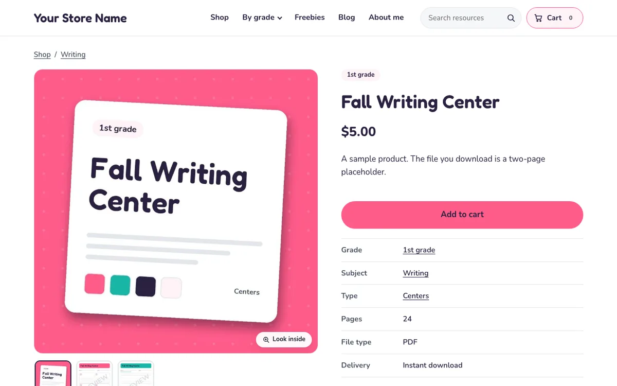 A product page in a starter store: cover, price, add to cart, and the grade, subject, type, pages and file type