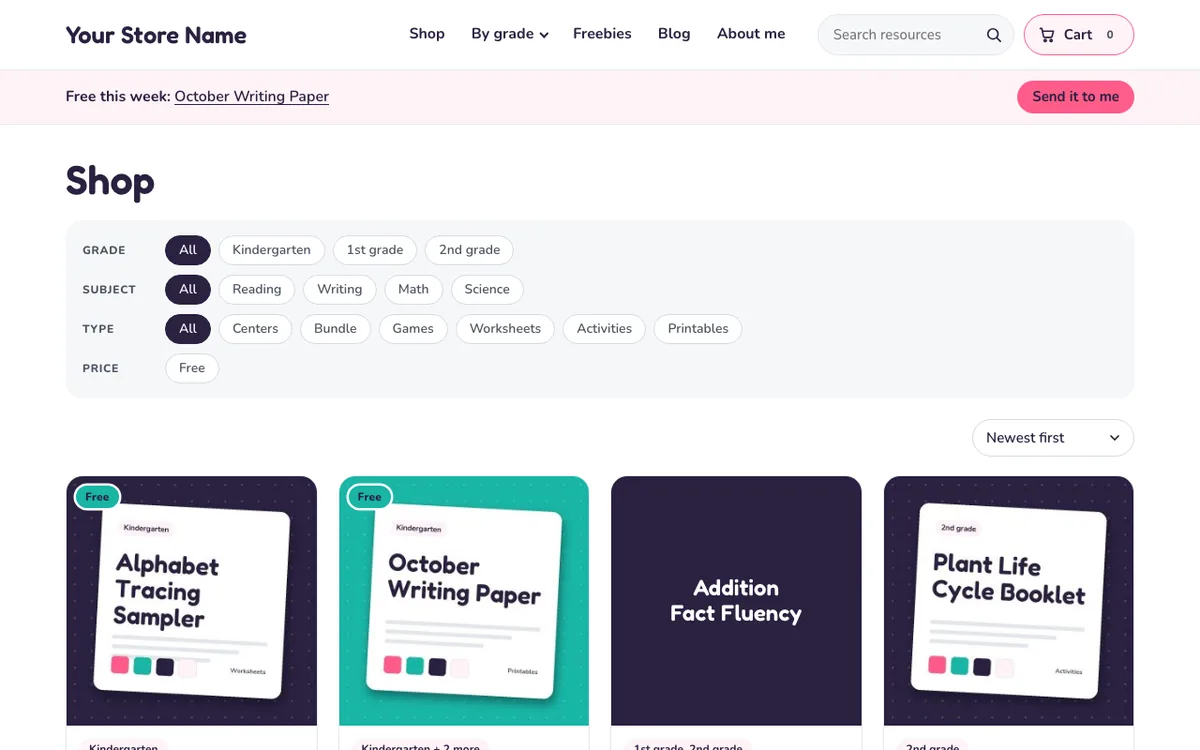 The shop page of a starter store, with filters for grade, subject, type and price above sample products