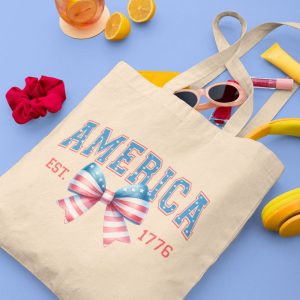 america tote bag with red white and blue coquette bows canvas 4th of july gift