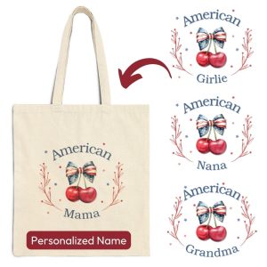 Custom Summer Canvas Tote Bag With Cherries And Red White And Blue Bows American Mama 4th Of July Gift