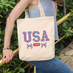 USA Tote Bag For Fourth Of July With Red White And Blue Coquette Bows 4th Of July Gift