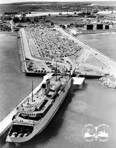 Cars queued at the Mackinaw City ferry dock waiting to cross the Straits