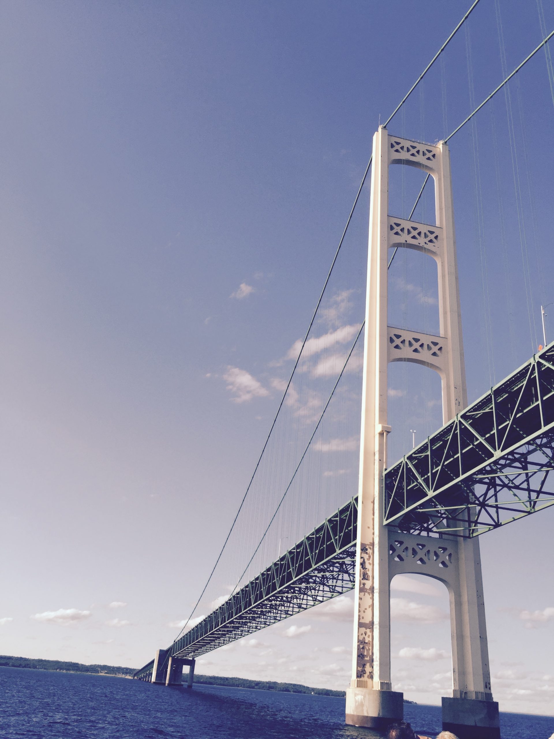 A Mackinac Bridge tower seen from the deck