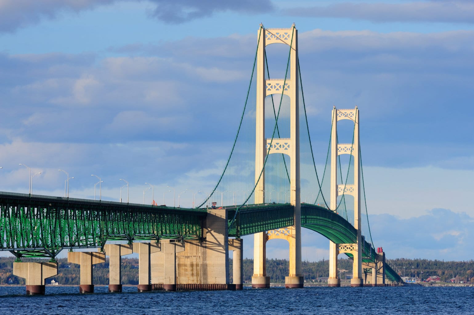 The Mackinac Bridge from the water: both main towers and the green truss approach