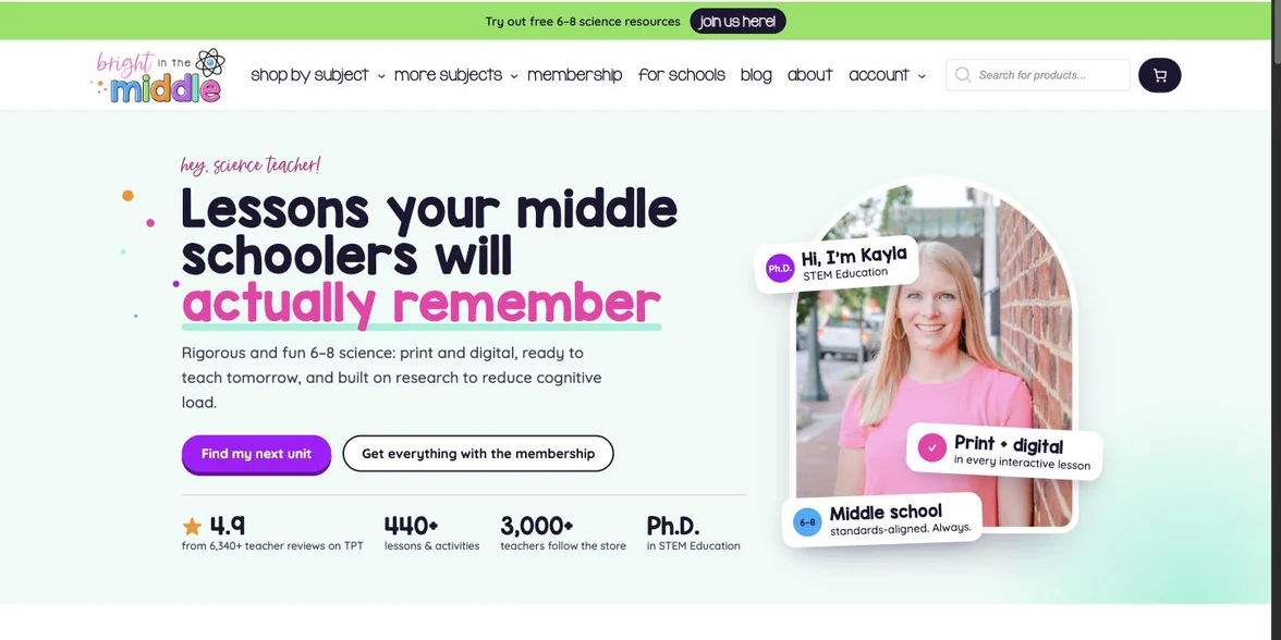 The Bright in the Middle website, a middle-school science resource storefront