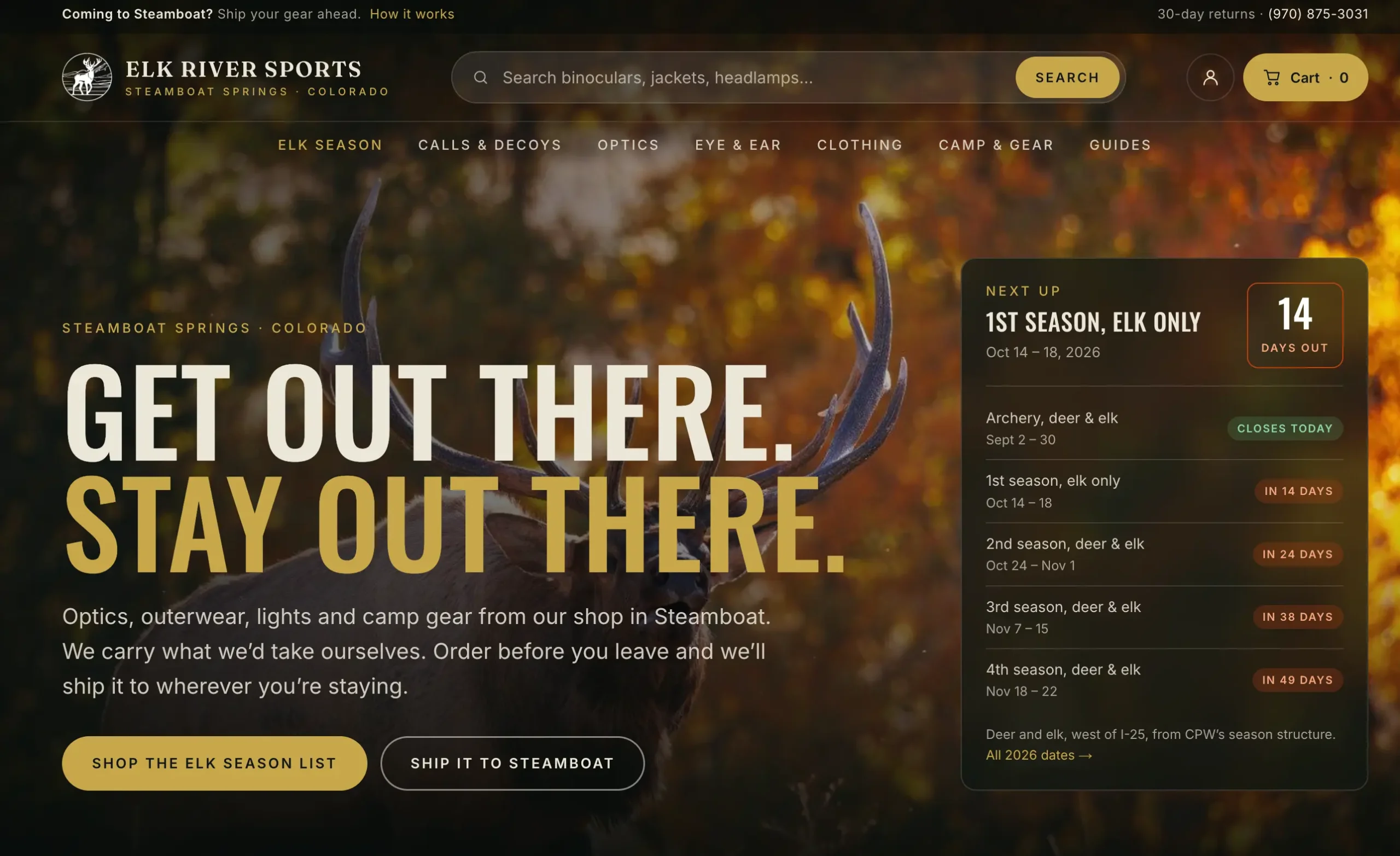 The Elk River Sports website, optics, outerwear and camp gear for Colorado hunting seasons
