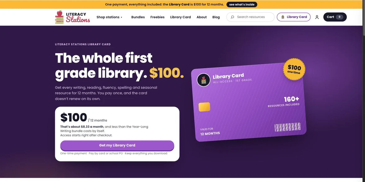 The Literacy Stations Library Card page &mdash; every first-grade resource for twelve months, one payment
