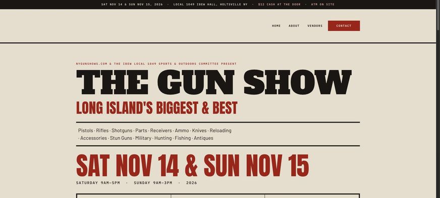 The NY Gun Shows website, showing the show dates and admission details