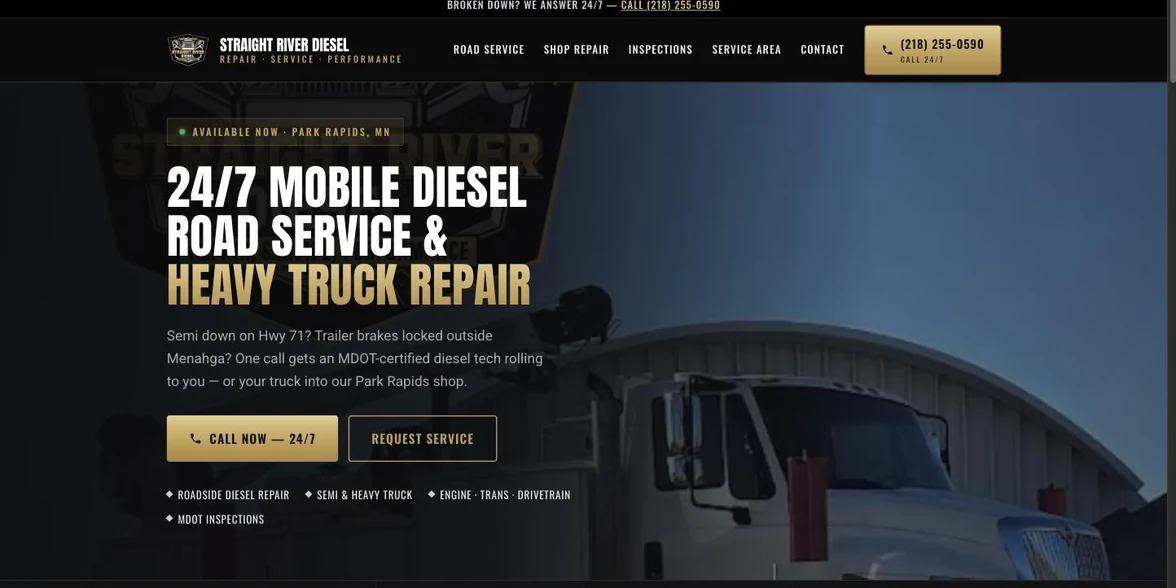 The Straight River Diesel website, 24/7 mobile diesel road service and heavy truck repair